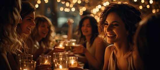 Obraz na płótnie Canvas women drinking wine with friends at a restaurant