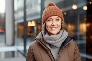 Portrait of a grinning woman in her 50s dressed in a warm ski hat against a sophisticated corporate office background. AI Generation