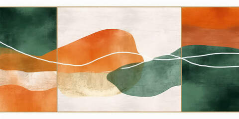 
Orange and green watercolor art color block combination pattern, abstract gold line texture art