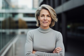 Portrait of a blissful woman in her 50s showing off a thermal merino wool top against a sophisticated corporate office background. AI Generation