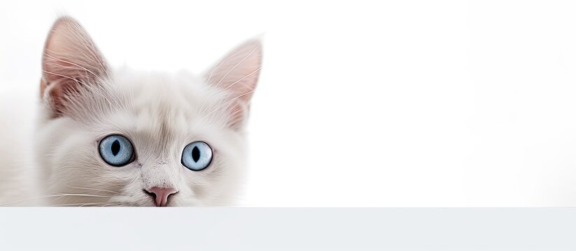 I found a beautiful photograph of an adorable white cat with blue eyes, its cute face and feline fur filling the frame. The cat appears joyful and content, set against a white background, making it a