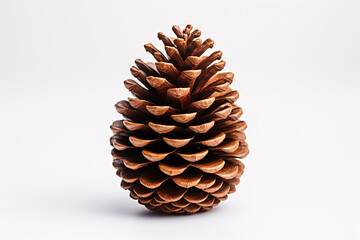 A dark-hued conifer cone set against a pale backdrop, isolated from its coniferous parent.