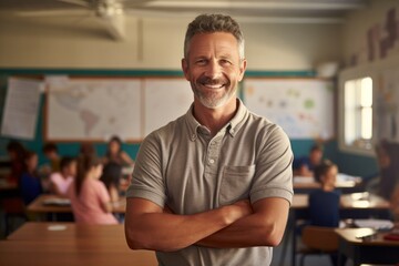 Portrait of a blissful man in his 50s wearing a sporty polo shirt against a lively classroom background. AI Generation