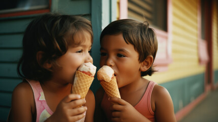 Ice Cream Delight: Two Children's Joyful Indulgence in Vibrant Colors.
