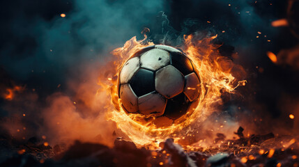 A soccer ball is in the middle of a fire on volcanic terrain, intense action in inferno background 