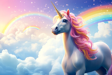 Obraz na płótnie Canvas Unicorn on rainbow background. Fantasy unicorn in the sky.