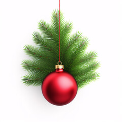 Obraz na płótnie Canvas Isolated Christmas Fir twigs with a red bauble on white background, a festive decoration.