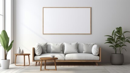 An empty white frame on a wall in a minimalist living room with a beige couch, a wooden coffee table, and a large window.
