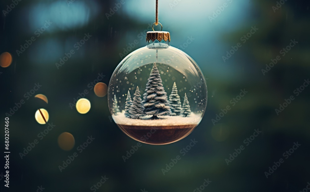 Poster a glass ornament hanging from a string with a christmas tree inside of it and lights in the backgrou