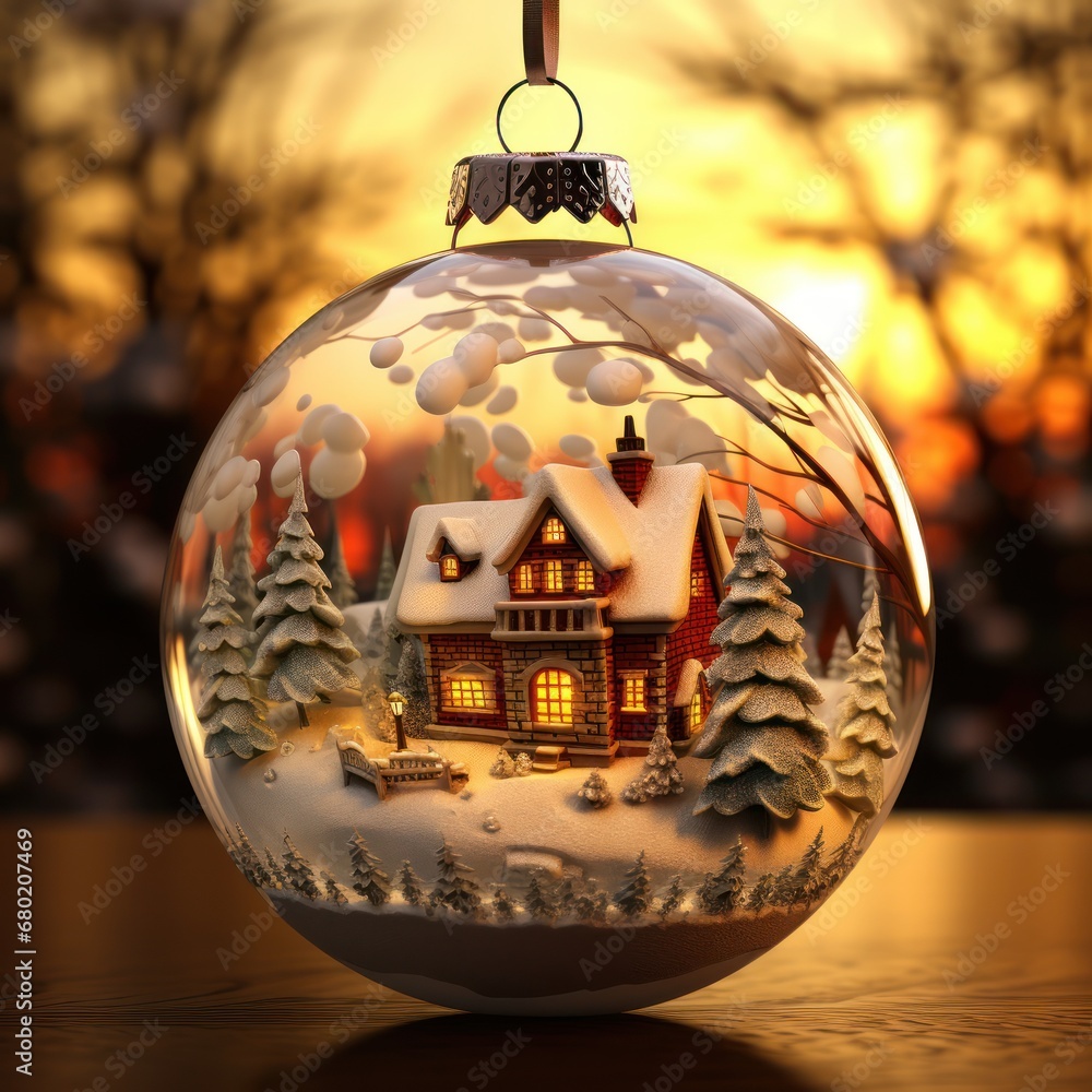 Poster a glass ornament with a house and trees in the snow on a table in front of a setting sun.