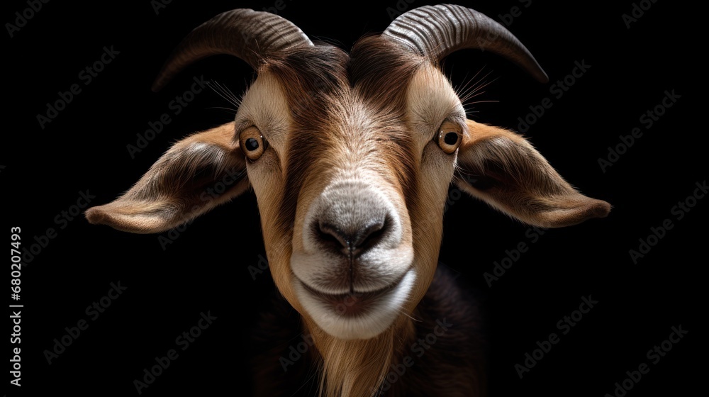 Poster a close up of a goat's face on a black background with a reflection of it's head.