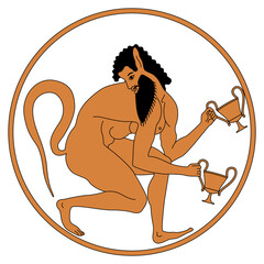 Ancient Greek satyr holding two cups of wine in a ring. Vase painting style. Ethnic design. Isolated vector illustration.