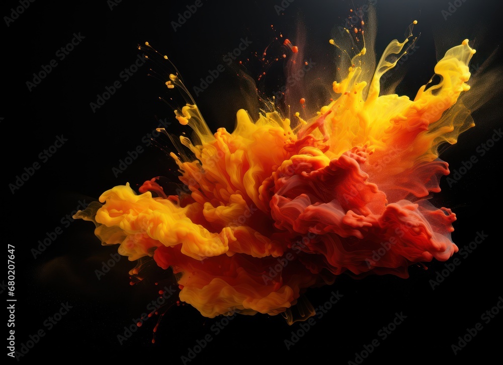 Poster a red and yellow substance is floating in the air on a black background with a spot of light in the 