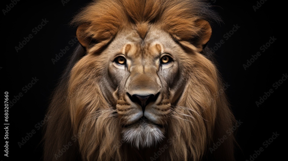 Poster a close - up of a lion's face on a black background with only one eye visible for the camera.