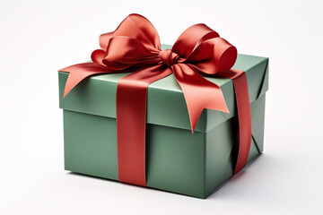 An isle of green and red gift box with a ribbon and bow.