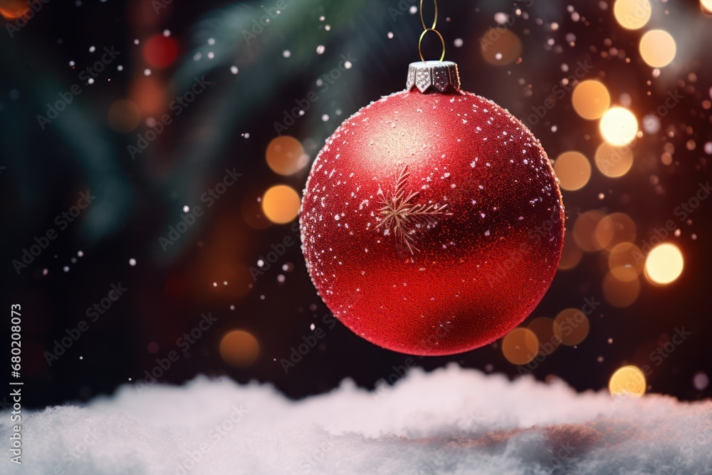 Poster a red christmas ornament hanging from a string on a snowy surface with boke of lights in the backgro