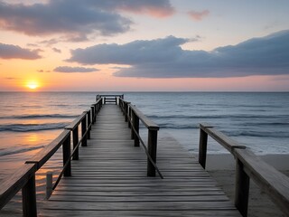 Fototapeta premium Wooden pier on the beach at beautiful sunset in the evening