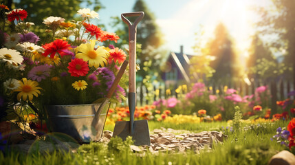 Gardening Set Of Tools For Gardeners and Flowerpots In Sunny Garden. Colorful flowers in the morning