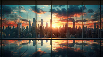 Panoramic view of modern skyscrapers at sunset. illustration