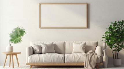 An empty white frame on a wall in a cozy living room with a beige couch, a fluffy rug, and a wooden side table.