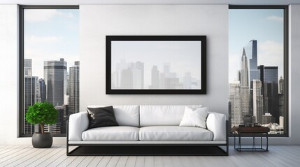 An empty white frame on a wall in a contemporary living room with a black leather sofa, a glass coffee table, and a cityscape outside the window.