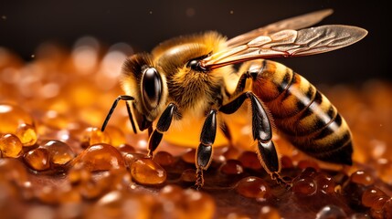 a bee on a surface with water drops - obrazy, fototapety, plakaty