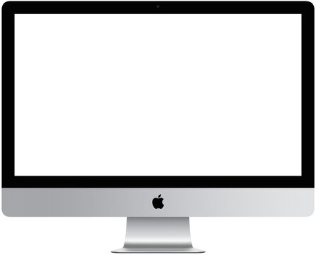 Realistic mockups of the new iMac 27 inch blank screen monoblock personal made by Apple Computers, transparent screen, silver & black color on an isolated white background. Apple iMac 27". PNG image 