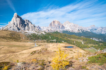 Scenic view of an alpine landscape near Passo Giau in Italy's dolomite mountains.