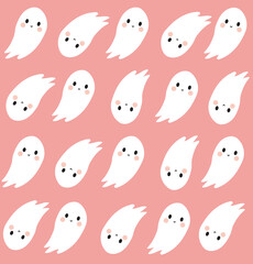 Halloween ghost cartoon pattern illustration. Cute October Christmas spirit character background. Patterned wallpaper texture pink funny ghosts