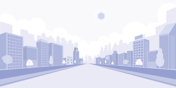 Light violet cityscape background. City buildings with trees beside the road. Monochrome urban landscape with street. Modern architectural panorama in flat style art. Vector illustration wallpaper