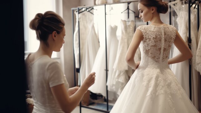 Young woman bride at wedding salon trying on and fitting beautiful white wedding dress with tailor.