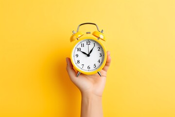 a hand holding a yellow alarm clock
