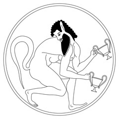 Ancient Greek satyr holding two cups of wine. Vase painting style. Ethnic design. Black and white linear silhouette. - obrazy, fototapety, plakaty