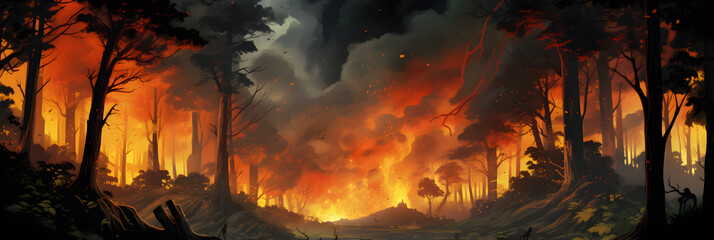 panorama of a forest fire, burning trees and bushes. conflagration, wildfire. flames and clouds of smoke in the jungle. an environmental disaster. - obrazy, fototapety, plakaty