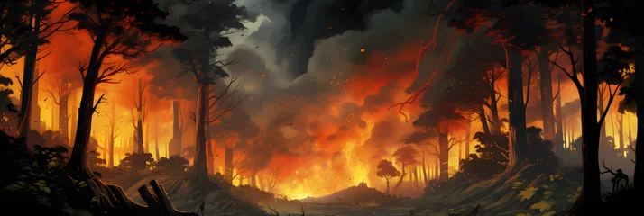 Fotobehang panorama of a forest fire, burning trees and bushes. conflagration, wildfire. flames and clouds of smoke in the jungle. an environmental disaster. © MaskaRad