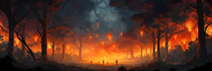 Poster panorama of a forest fire, burning trees and bushes. conflagration, wildfire. flames and clouds of smoke in the jungle. an environmental disaster. © MaskaRad