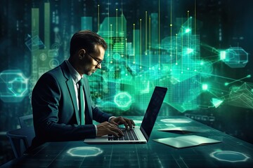 Young businessman in suit working on laptop at desk with digital business interface, Tax concept. Businessman analyzing financial data with calculator and laptop, AI Generated