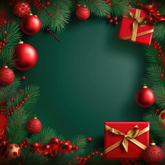 Fototapeta na wymiar Christmas background with fir branches and decorations. Festive Christmas background. Copy space for text.