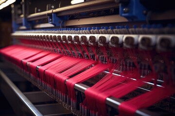 Production line of the textile industry. Textile industry. Industrial background, Textile factory machine weaving close up, AI Generated - obrazy, fototapety, plakaty
