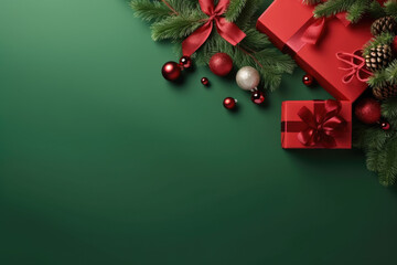 Christmas background with fir branches and decorations. Festive Christmas background. Copy space for text.