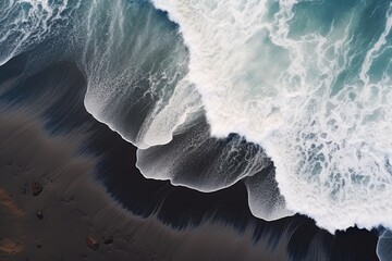Abstract background of black volcanic sand with blue and white waves. 3D Rendering, The black sand beach in Iceland. Sea aerial view and top view, AI Generated - obrazy, fototapety, plakaty