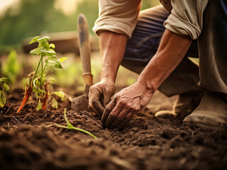 agricultor mechendo na terra 