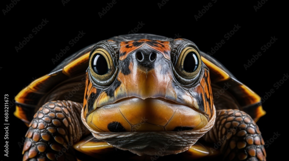 Poster a close up of a turtle's face on a black background with a reflection of the turtle's head.