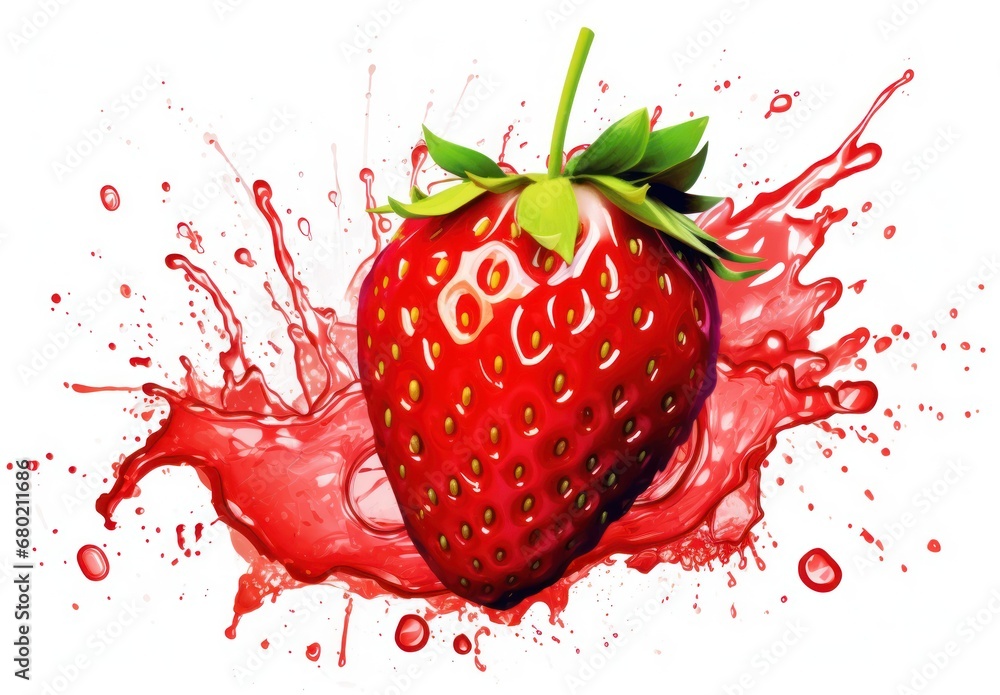 Poster a strawberry with a green leaf on top of it with red paint splashing around it and a green stem stic