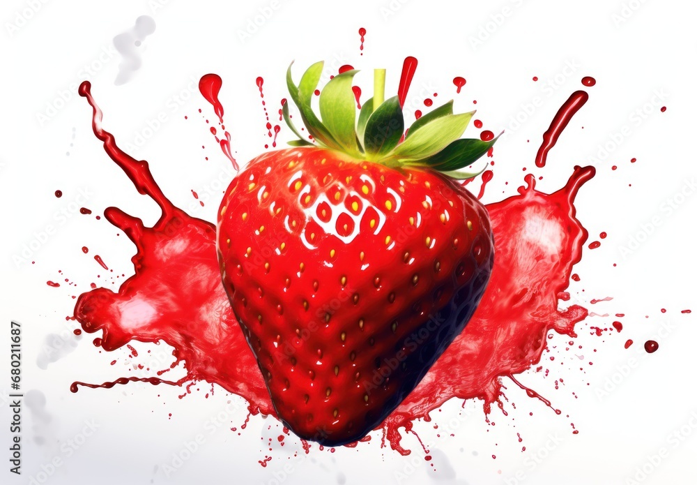 Poster a strawberry with a green leaf on top of it with red paint splashing around it and a green leaf on t