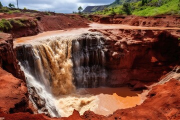 Fototapeta na wymiar Waterfall in the Red Canyon of the Gunnison National Park, Colorado, The famous Red Dirt Falls, a cascading waterfall of fresh water over the iron-rich basalt rock in Waimea Canyon, AI Generated