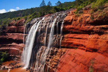 Waterfall in the Red Canyon, Huelva Province, Spain, The famous Red Dirt Falls, a cascading waterfall of fresh water over the iron-rich basalt rock in Waimea Canyon State Park, AI Generated