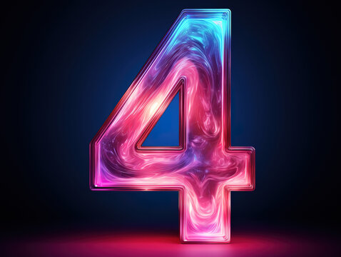 3d Render number four glowing in the dark pink blue background. Generative Ai