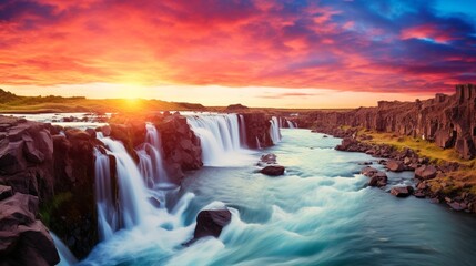 Summer landscape on the Hokusai a Flagellum river. Beautiful sunrise sight at Selfless Waterfall in National Park, post-processed photo in an artistic way.