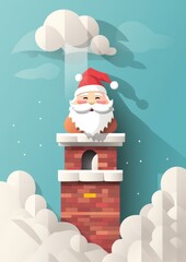 Santa claus is climbing to house chimney, christmas greeting card illustration. Generative Ai.